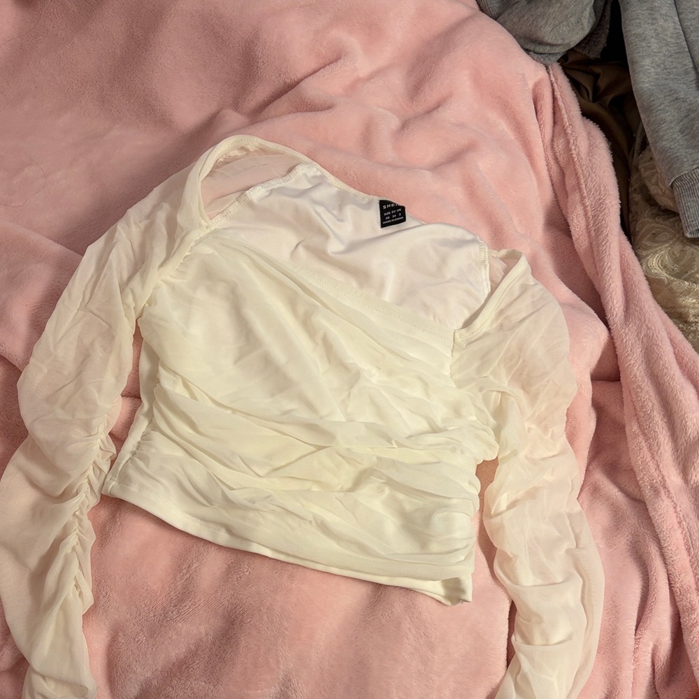 SHEIN Cream Ruched Long Sleeve Blouse